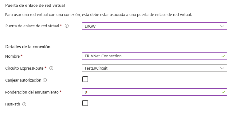 Captura de pantalla de la casilla FastPath en la página Agregar una conexión.