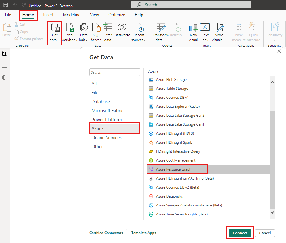 Captura de pantalla del cuadro de diálogo Obtener datos en Power BI Desktop para seleccionar el conector de Azure Resource Graph.