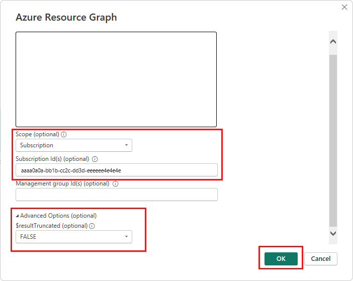 Captura de pantalla del cuadro de diálogo Azure Resource Graph de Power BI Desktop para una consulta mediante la configuración opcional para ámbito, identificador de suscripción y $resultTruncated.