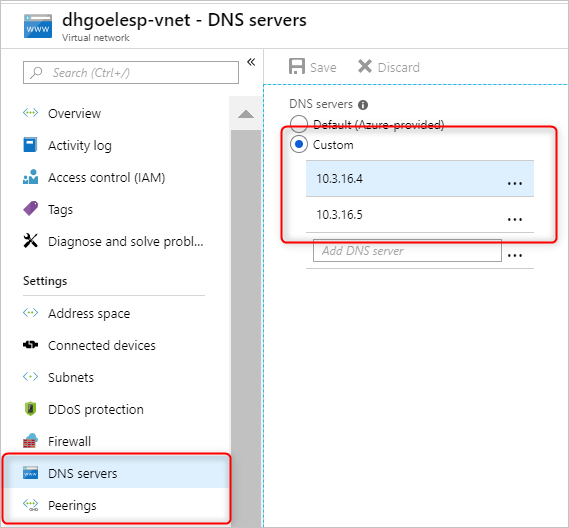 Configuración de servidores DNS personalizados para una red virtual emparejada.