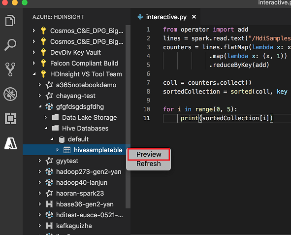 Tabla de Hive con la vista previa de Hive y Spark para Visual Studio Code.