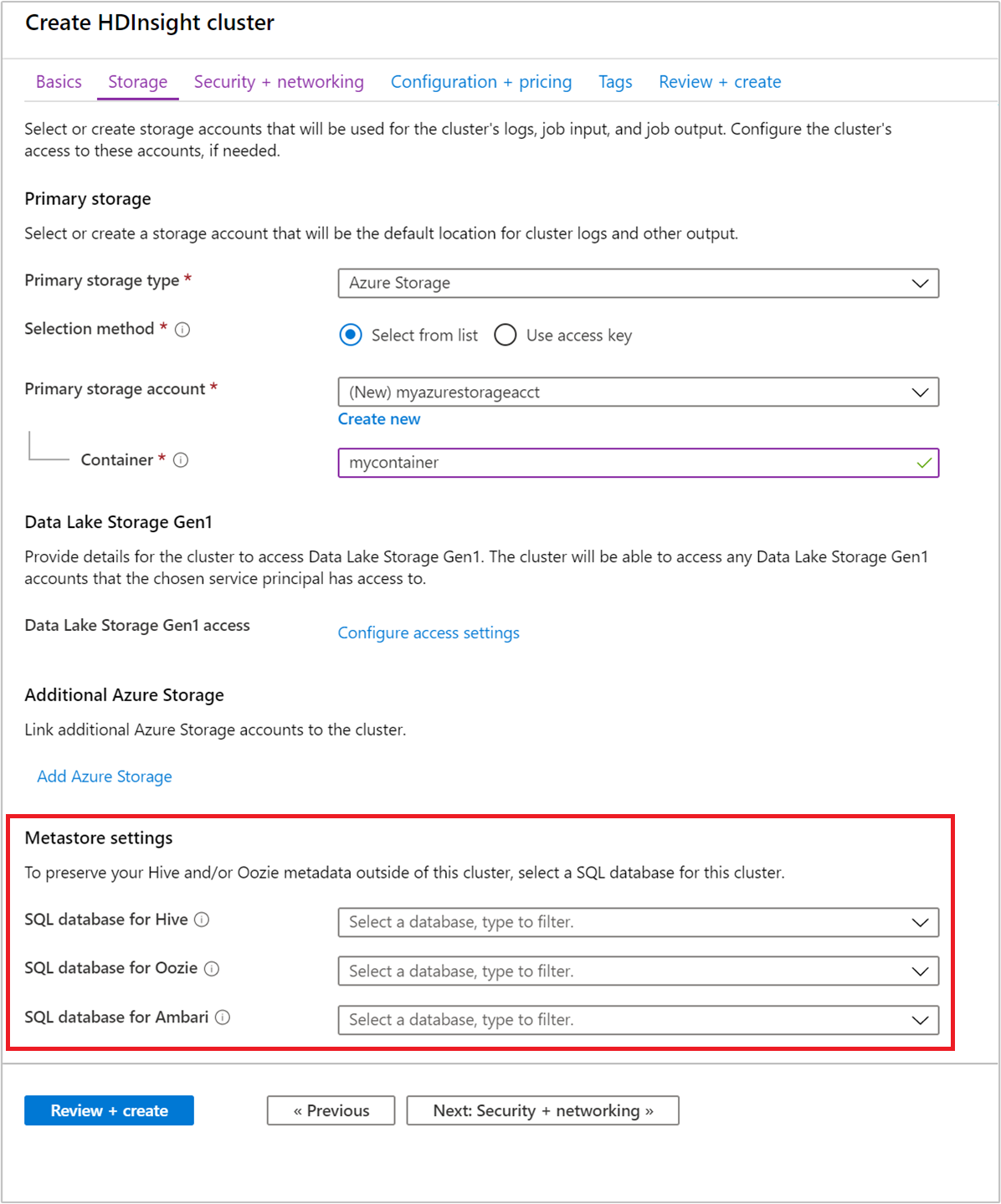 Repositorio de metadatos de Hive en HDInsight: Azure Portal.