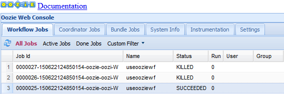 Trabajos del flujo de trabajo de la consola web de Oozie.