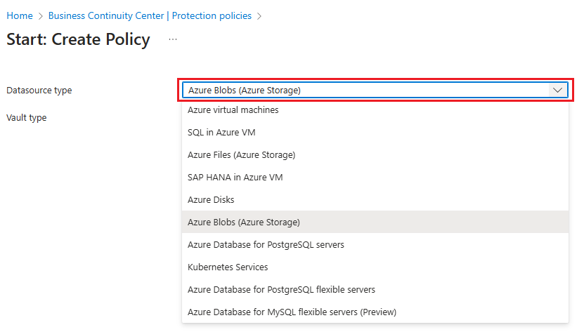 Captura de pantalla que muestra cómo seleccionar el tipo de origen de datos para la copia de seguridad de blob de almacén.