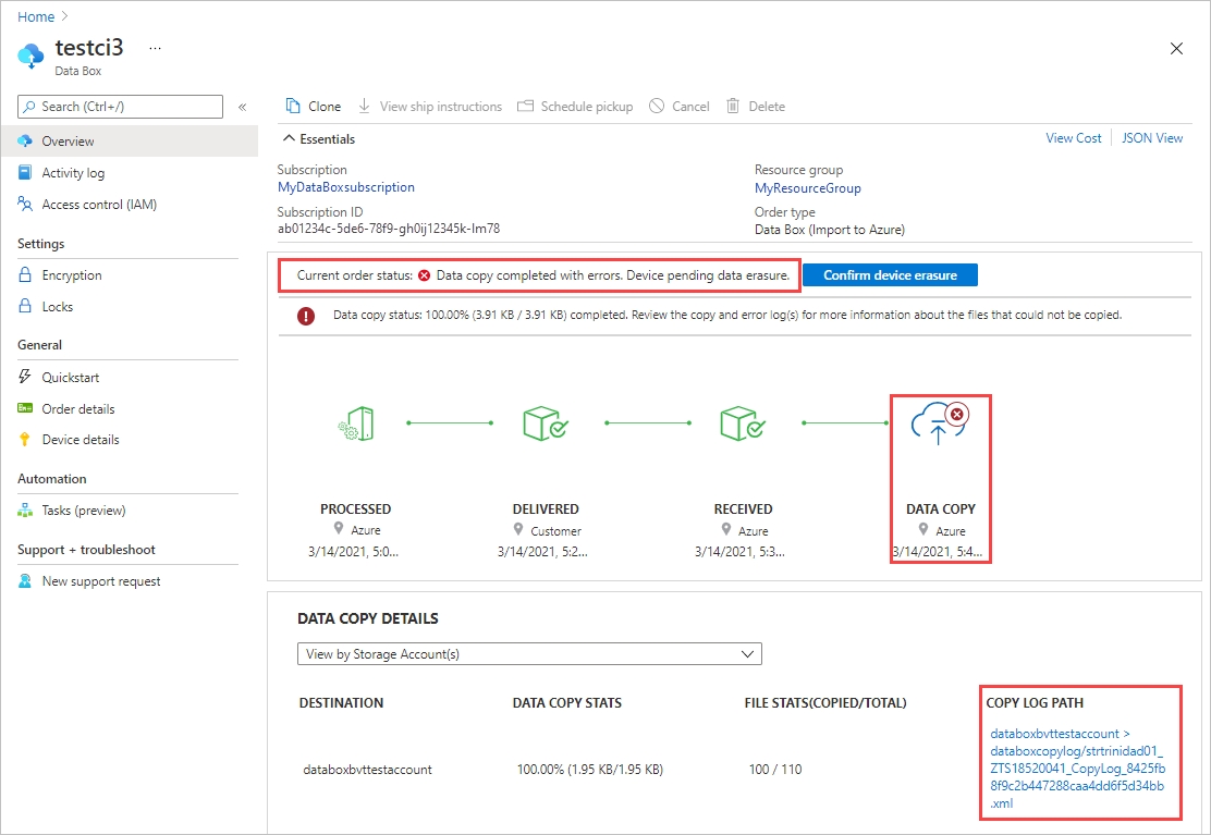 Notificación de errores de copia durante una carga en Azure Portal