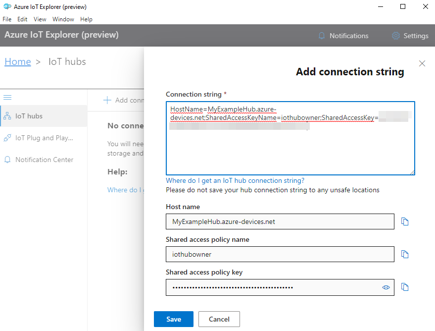 Captura de pantalla de la adición de una conexión en IoT Explorer