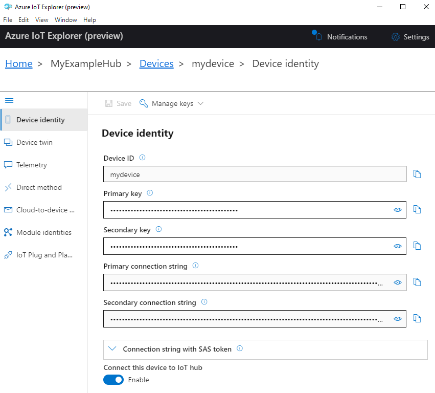 Captura de pantalla de una identidad de dispositivo de Azure IoT Explorer