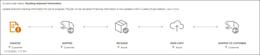 Instantánea en la que aparece el seguimiento del estado de un trabajo de Azure Import/Export del panel 