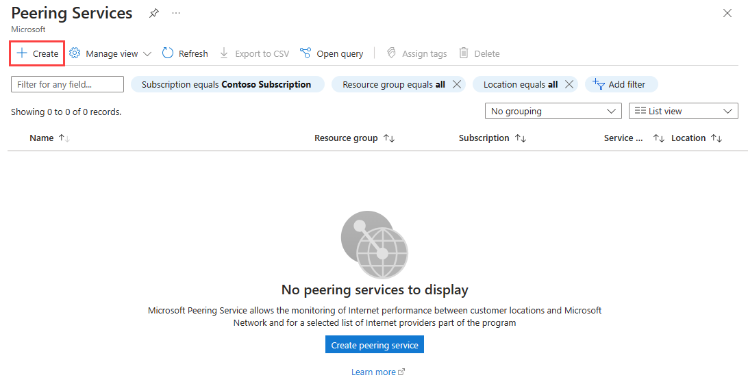 Recorte de pantalla que muestra la lista de conexiones de Peering Service existentes en Azure Portal.