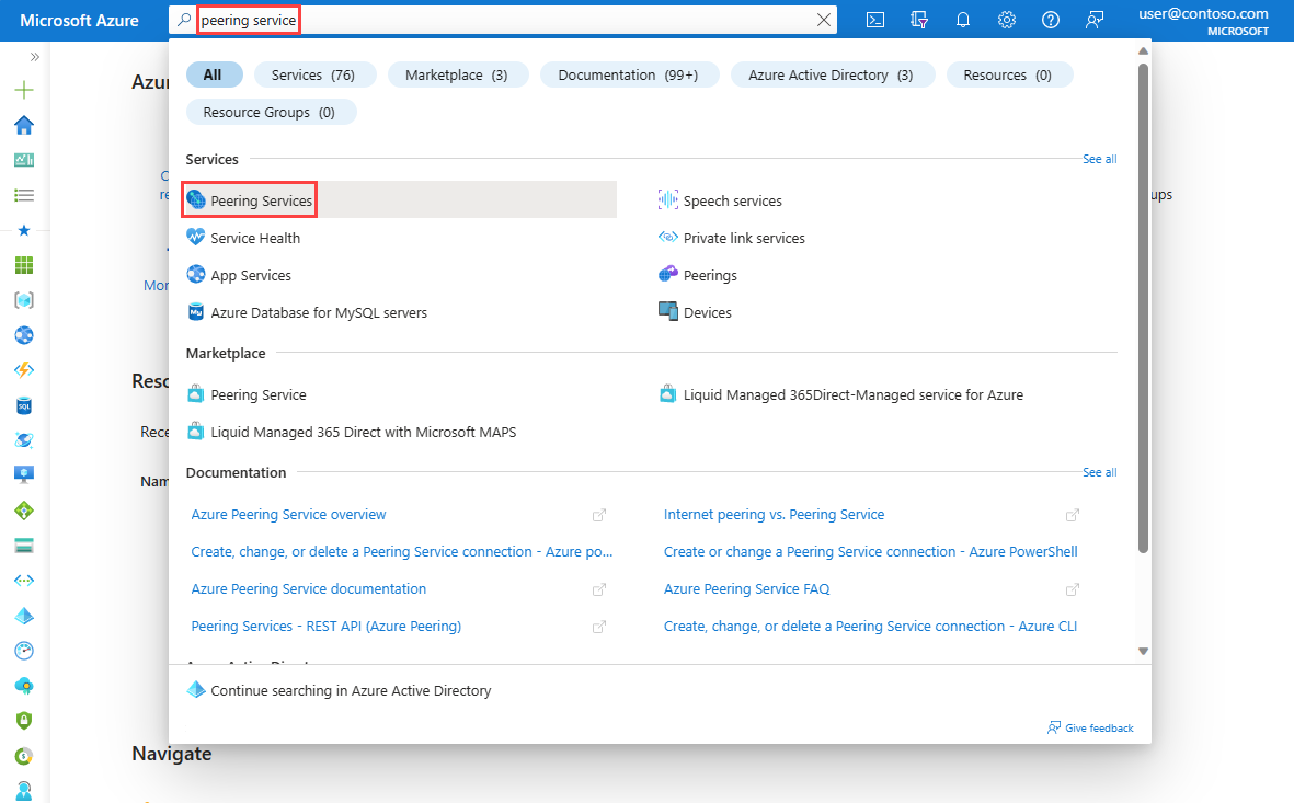 Recorte de pantalla que muestra cómo buscar Peering Service en Azure Portal.