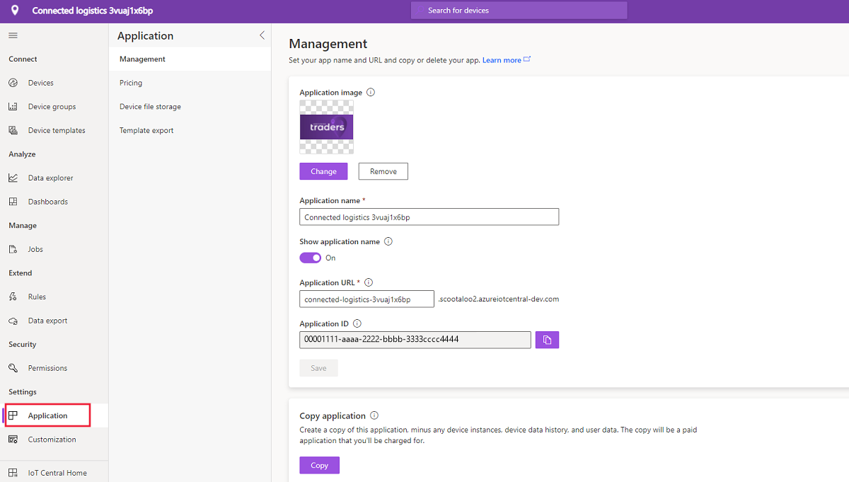 Captura de pantalla de la página de aplicación de IoT, donde puede acceder a varias opciones de configuración de la aplicación.