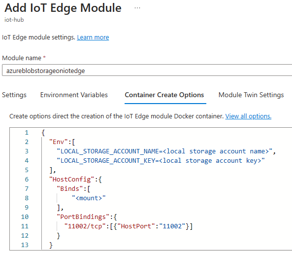 Captura de pantalla que muestra la pestaña Opciones de creación del contenedor de la página Agregar módulo IoT Edge.