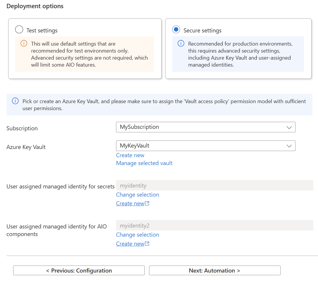 Recorte de pantalla que muestra la configuración segura en la tercera pestaña para implementar Operaciones de IoT de Azure desde el portal.