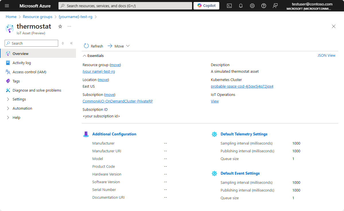 Captura de pantalla que muestra el recurso termostato en Azure Portal.