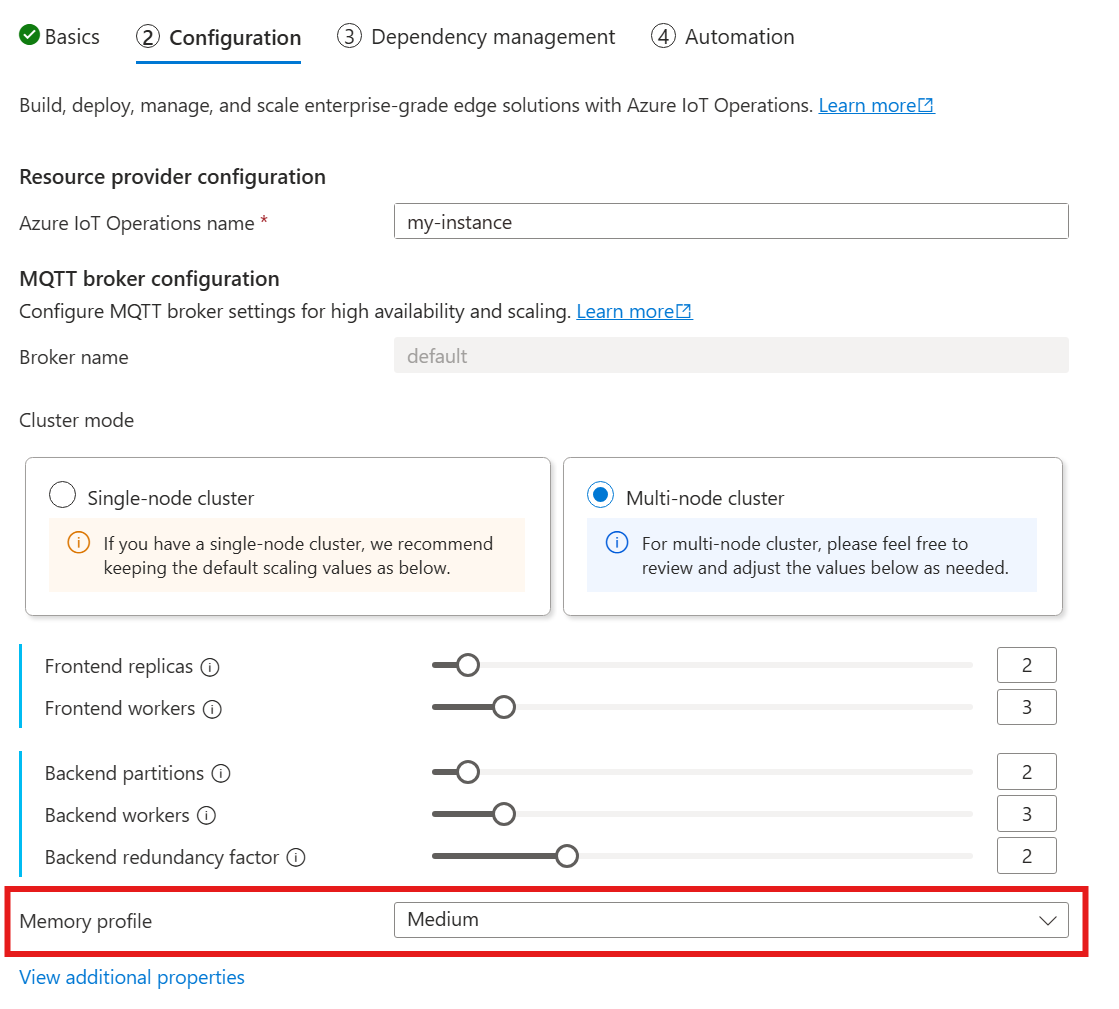 Captura de pantalla que se muestra en Azure Portal, donde configurar el perfil de memoria.