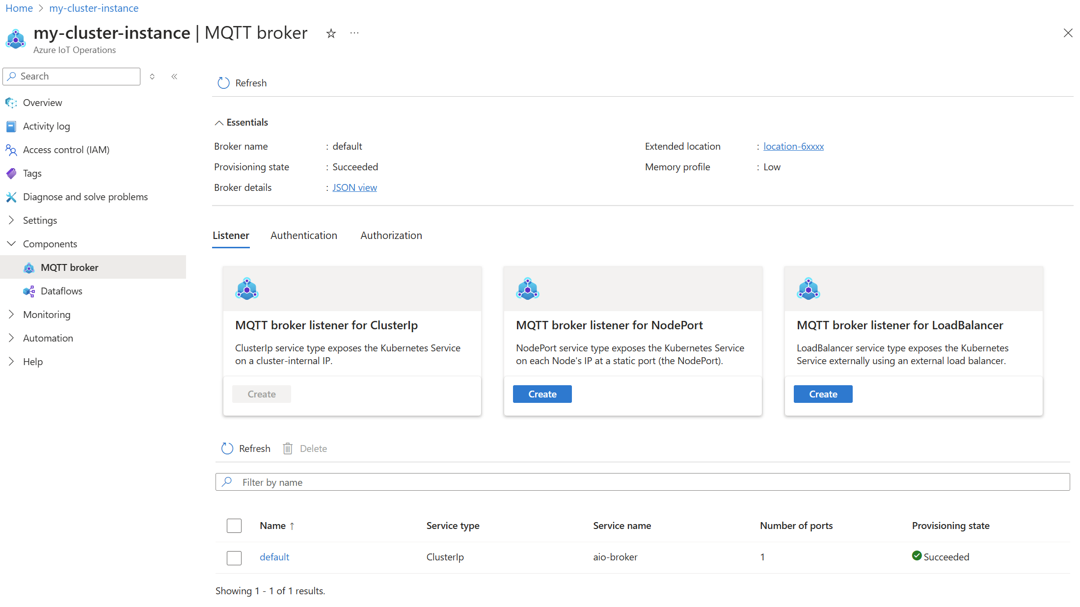 Captura de pantalla con Azure Portal para ver la configuración de MQTT de Operaciones de IoT de Azure.