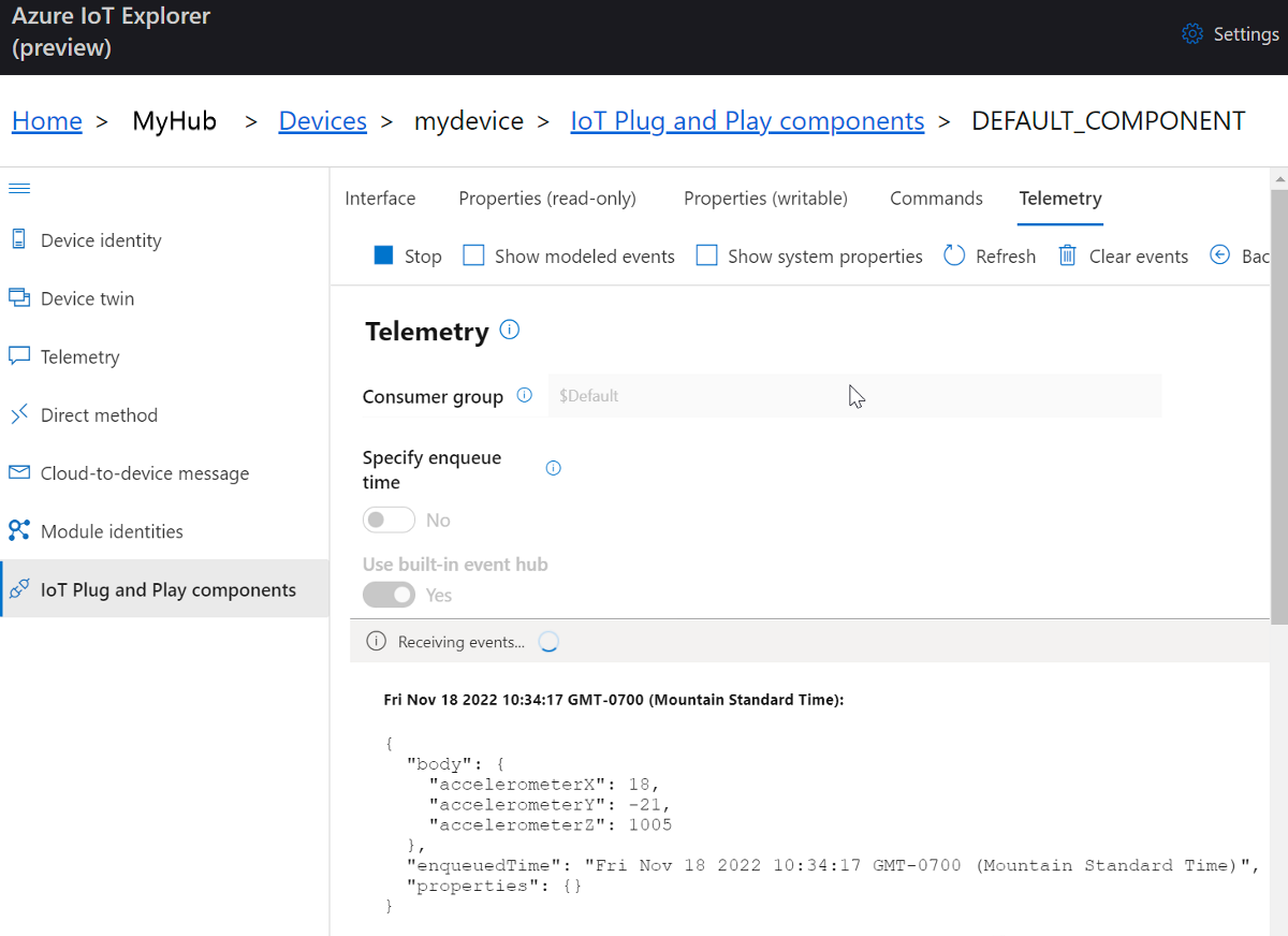 Captura de pantalla de la telemetría del dispositivo en IoT Explorer.