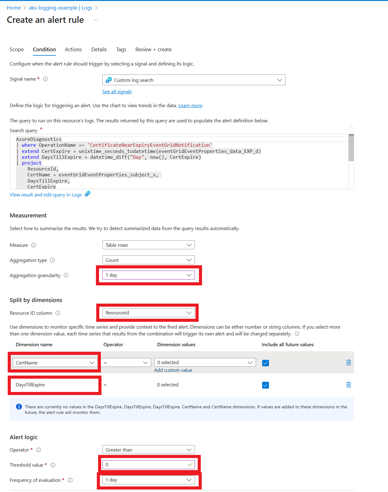 Captura de pantalla que muestra la configuración de la condición de alerta.