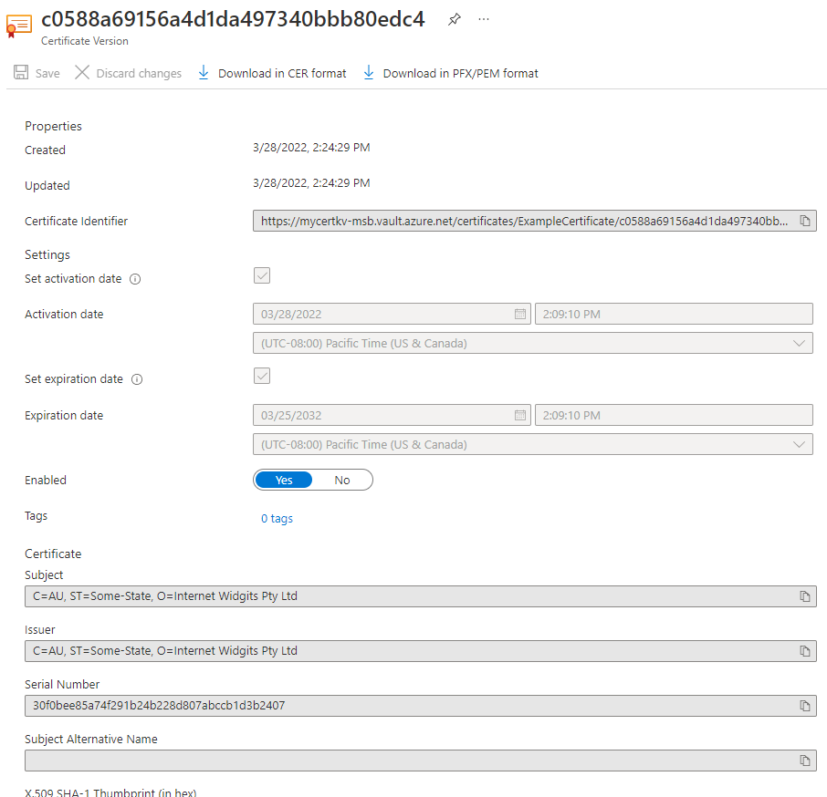 Propiedades de un certificado recién importado en Azure Portal