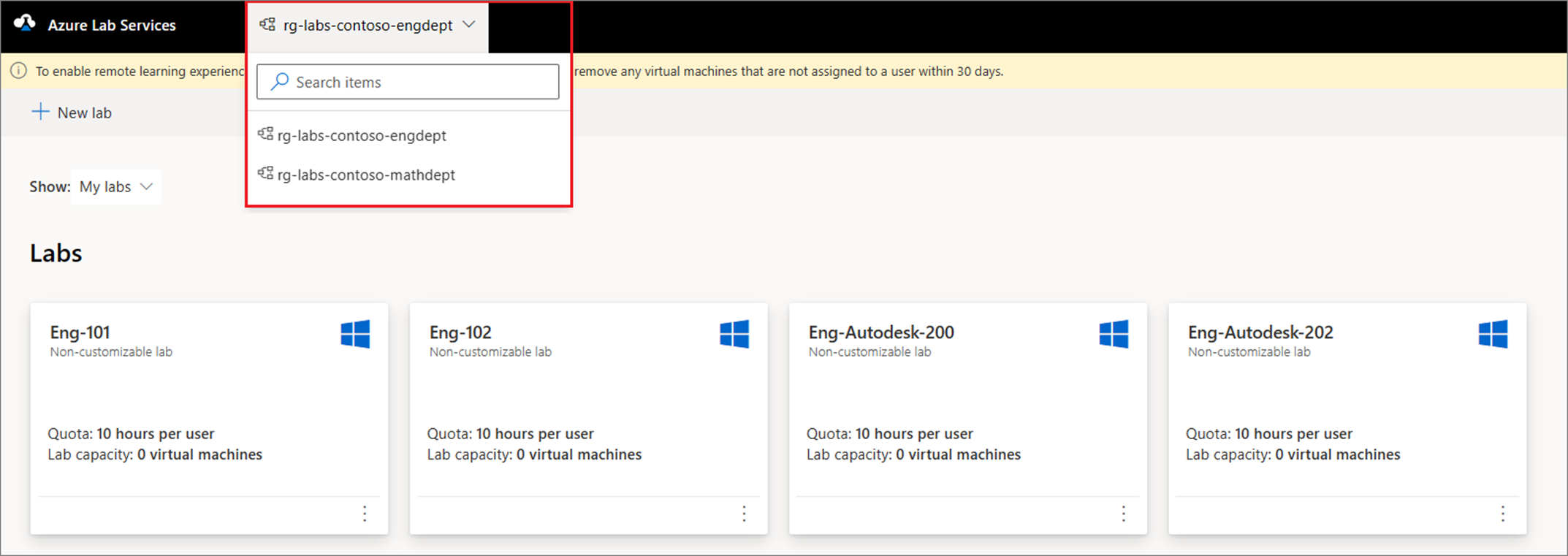 Captura de pantalla que muestra cómo elegir entre grupos de recursos en el sitio web de Azure Lab Services.