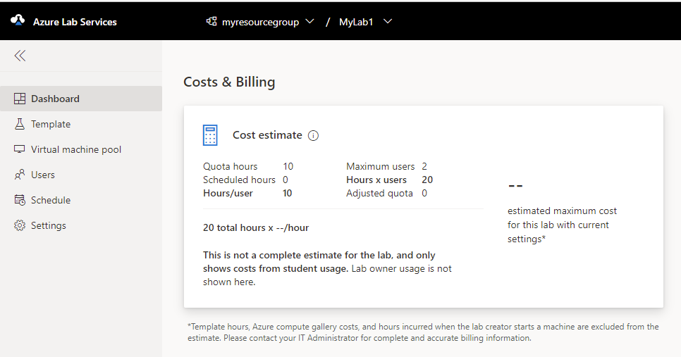 Captura de pantalla que muestra el panel de costos estimados en Azure Lab Services.