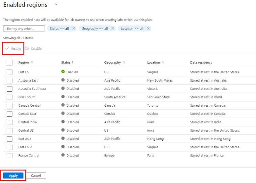 Captura de pantalla que muestra la página Regiones habilitadas donde se ha resaltado Habilitar y Aplicar.