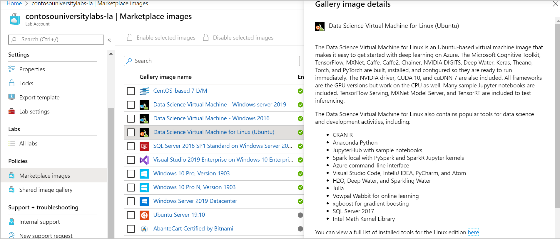 Captura de pantalla de una lista de imágenes disponibles para revisar en Azure Marketplace.