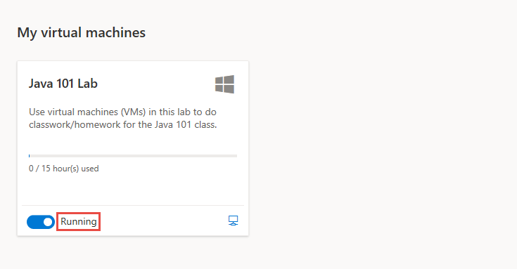Captura de pantalla de la página Mis máquinas virtuales de Azure Lab Services, donde se resalta la etiqueta de estado en el mosaico Máquina virtual.