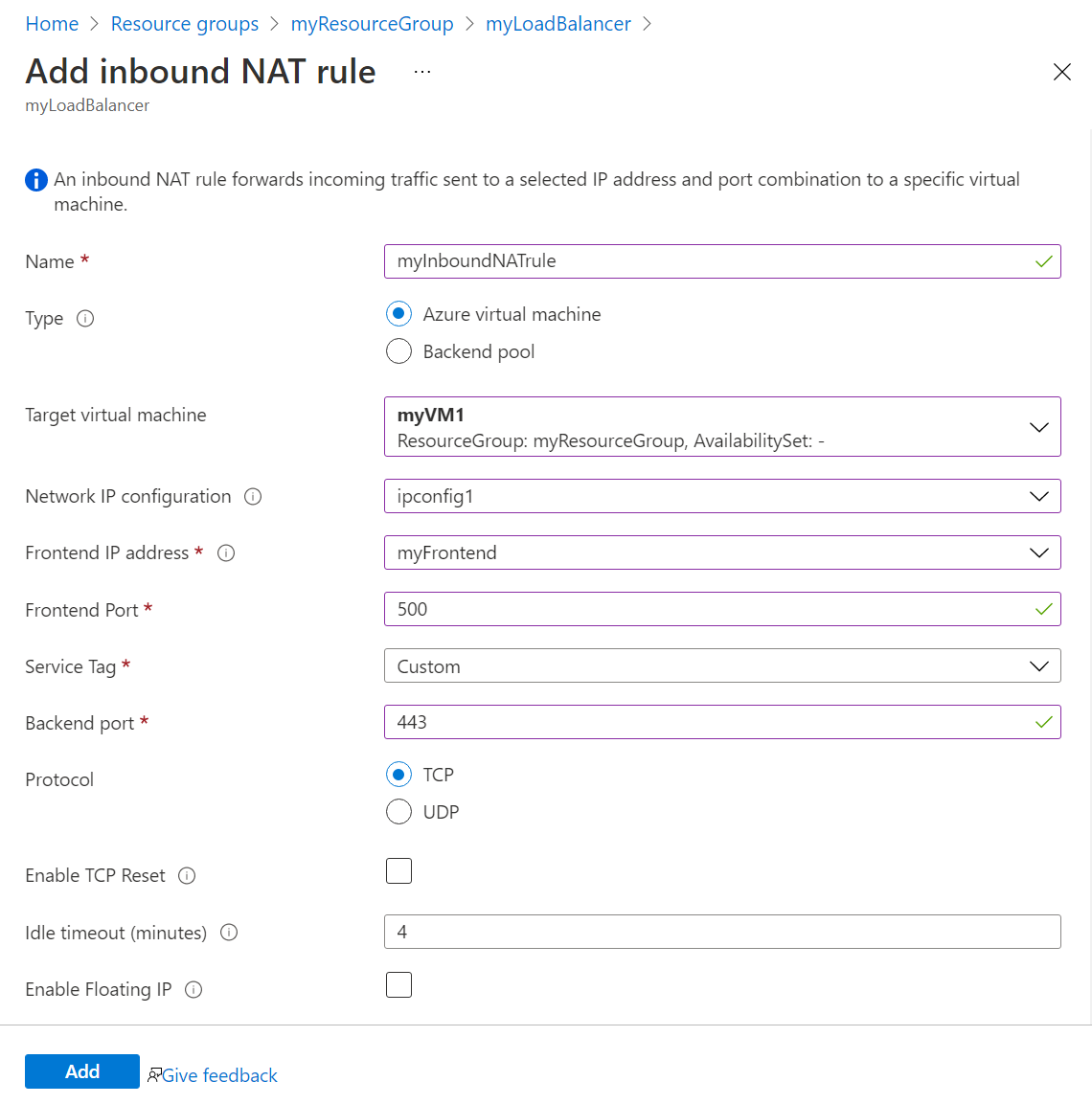 Captura de pantalla de la página de creación de la regla NAT de entrada de Azure Load Balancer.