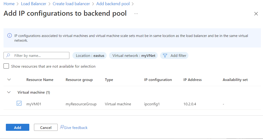 Captura de pantalla de la página Agregar configuraciones de IP al grupo de back-end con 