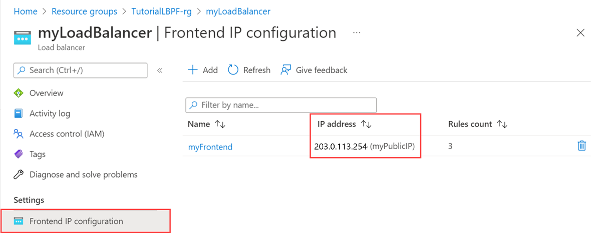 Captura de pantalla de la dirección IP pública en Azure Portal.