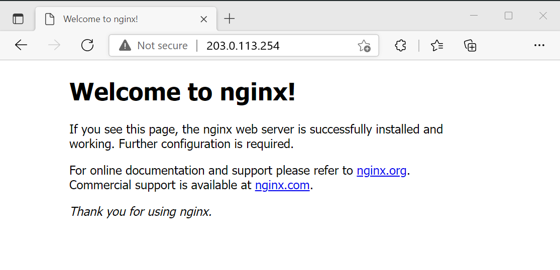 Captura de pantalla de la prueba del servidor web NGINX.