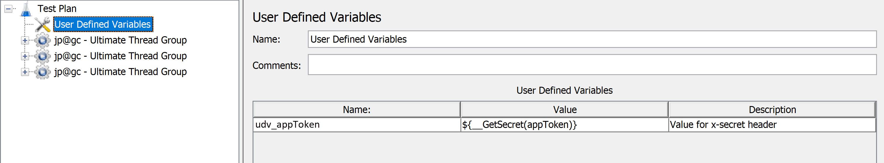 Captura de pantalla que muestra cómo agregar variables definidas por el usuario a un script de Apache JMeter.