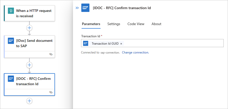 Captura de pantalla que muestra el flujo de trabajo Estándar con la acción denominada Confirmar Id. de transacción, que incluye la salida GUID de la acción anterior.