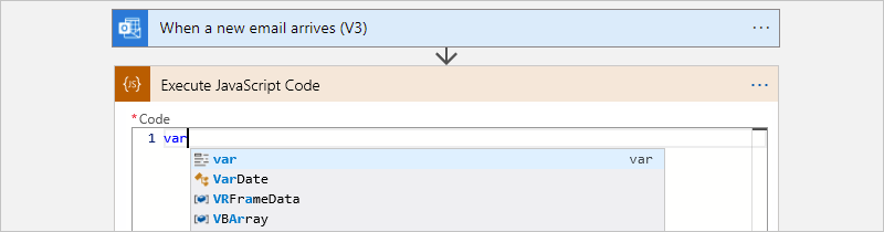 Captura de pantalla que muestra el flujo de trabajo de consumo, la acción Ejecutar código JavaScript y la lista autocompletar de palabras clave.