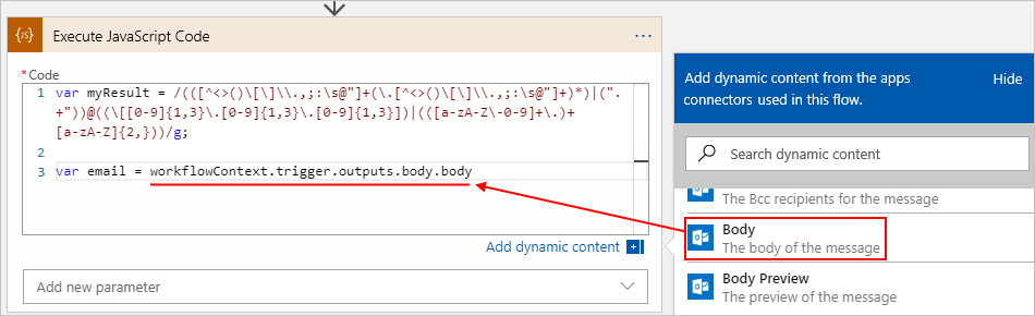 Captura de pantalla que muestra el flujo de trabajo de consumo, la acción Ejecutar código JavaScript, la lista de contenido dinámico y la propiedad 