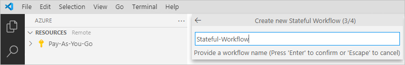 Captura de pantalla que muestra el cuadro Crear nuevo flujo de trabajo con seguimiento de estado (3/4) y el nombre del flujo de trabajo, Stateful-Workflow.