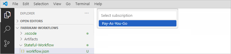 Captura de pantalla que muestra el panel Explorador con una lista denominada Seleccionar suscripción y una suscripción seleccionada.