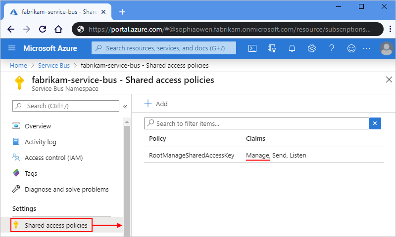 Administración de permisos para el espacio de nombres de Service Bus