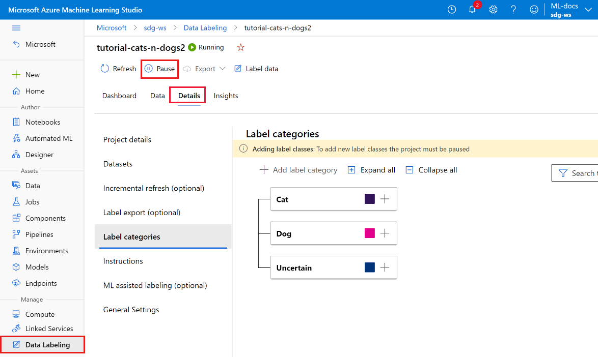 Captura de pantalla que muestra cómo agregar una etiqueta en Machine Learning Studio.