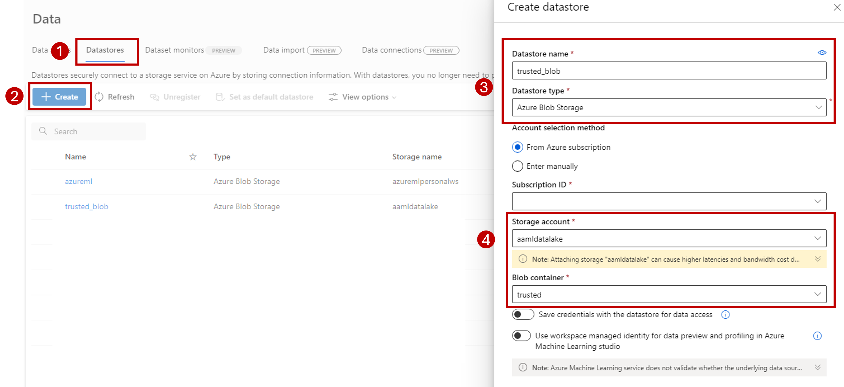 Captura de pantalla que muestra cómo configurar el almacén de datos de Azure Machine Learning.