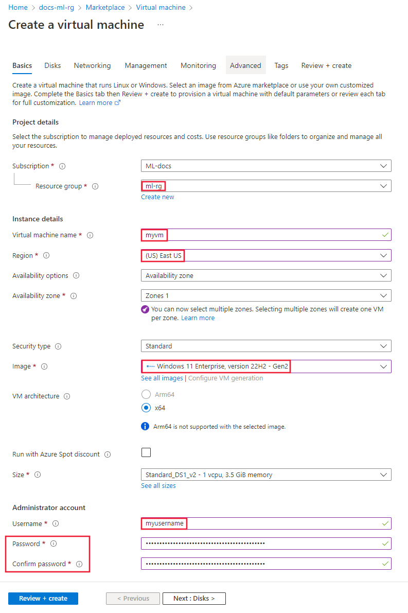 Captura de pantalla de la configuración básica de la máquina virtual.