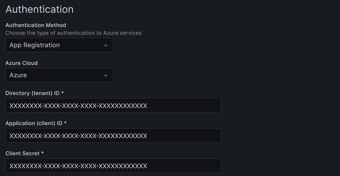 Recorte de pantalla del formulario de configuración de Azure Data Explorer para el método de autenticación registro de aplicaciones en Grafana.