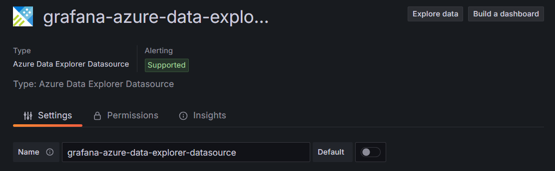 Recorte de pantalla de la plataforma Grafana en la que se muestran las opciones de configuración básicas de Azure Data Explorer.