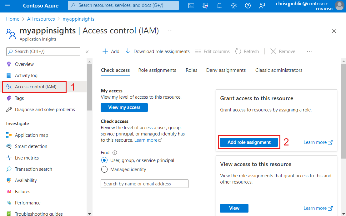 Captura de pantalla de la plataforma de Azure para agregar una asignación de roles en App Insights.