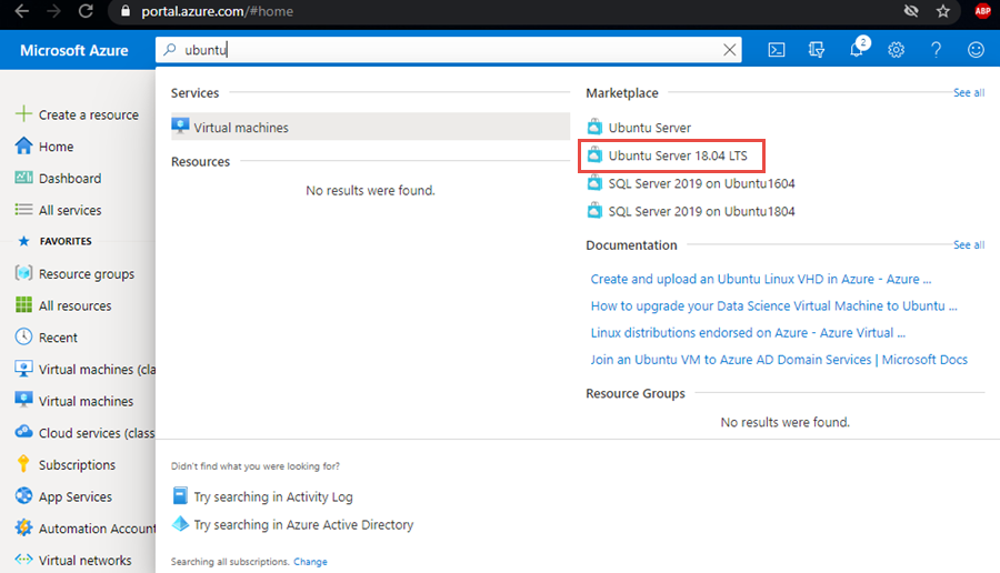 Busque la imagen de Ubuntu Server en Azure Portal.