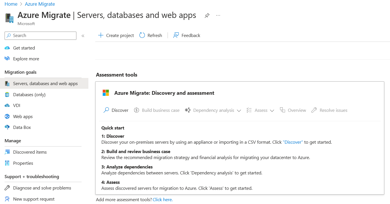 Captura de pantalla que muestra Azure Migrate: herramienta de detección y evaluación agregada de manera predeterminada.