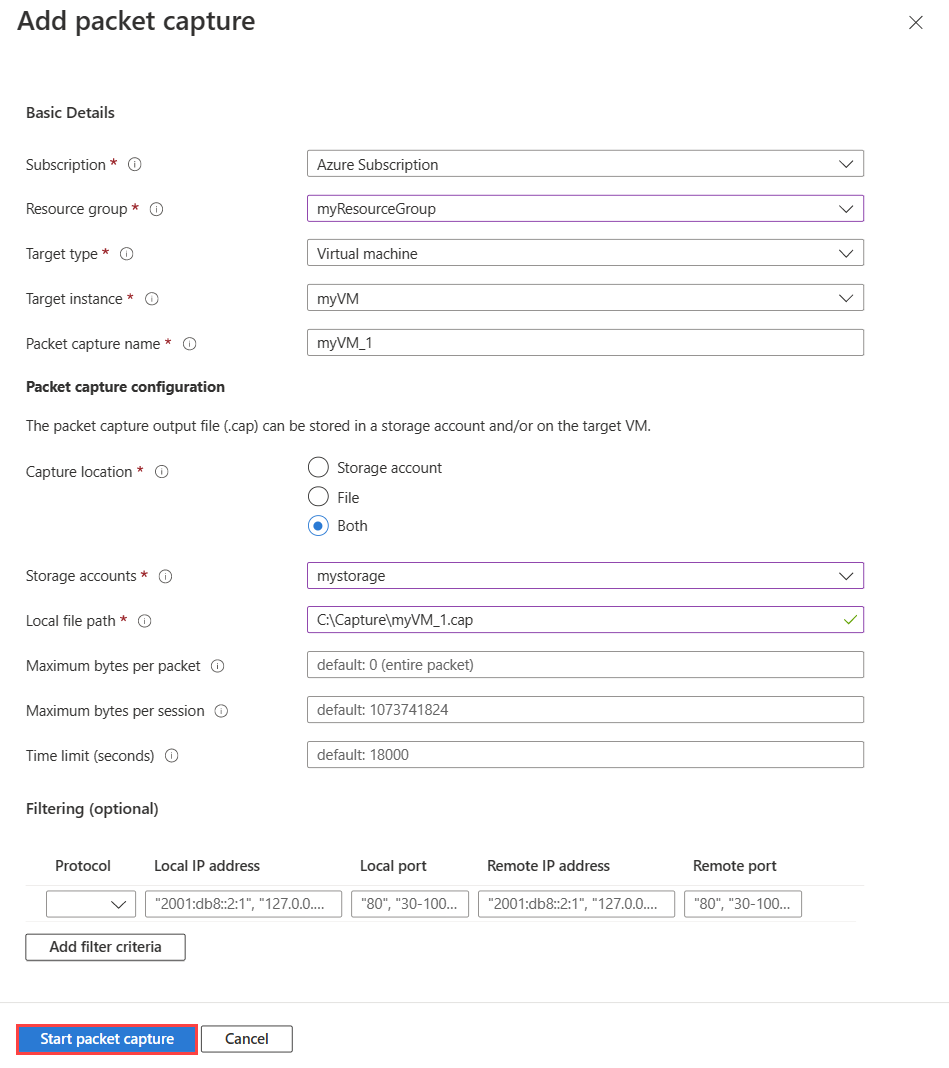 Captura de pantalla de Incorporación de captura de paquetes en Azure Portal en la que se muestran las opciones disponibles.