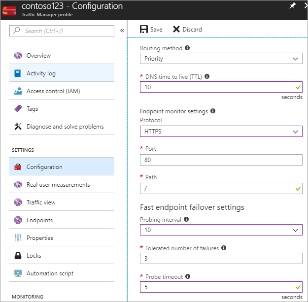 Captura de pantalla de la configuración de la comprobación de estado.