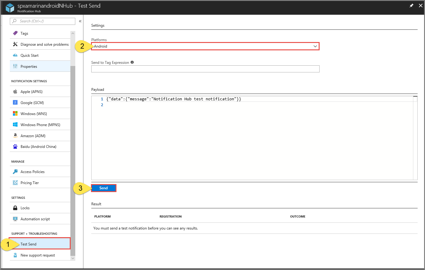 Azure portal - Test Send